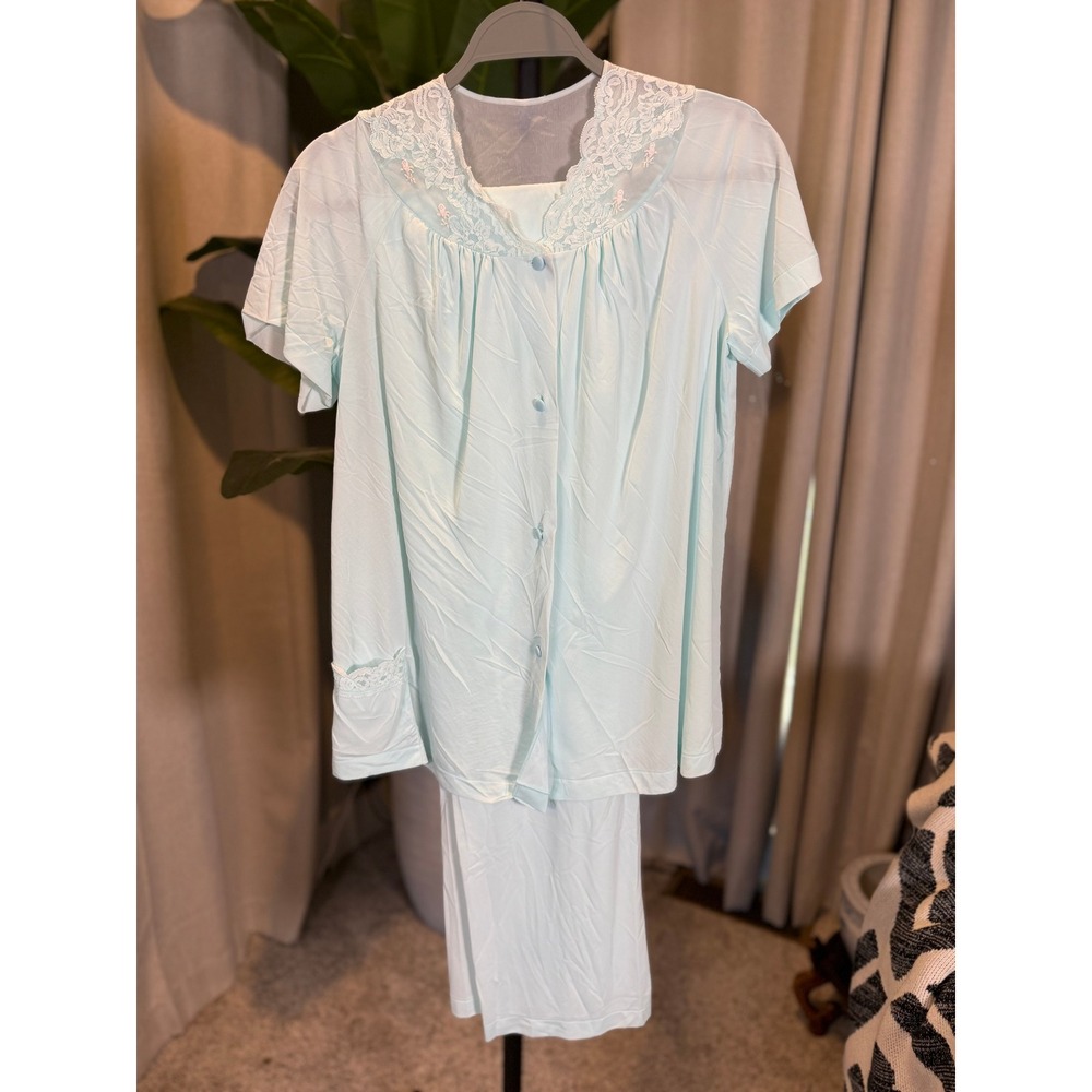 Vintage Style Mint Blue Lace Trim Pajama Set Button Front Top and Pants